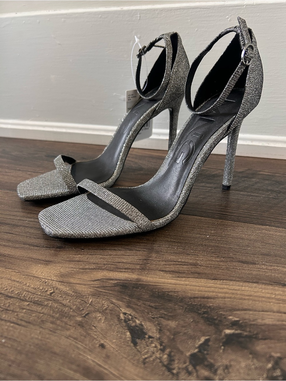 Mango 8.5 Silver Glitter High Heel Ankle-Strap Sandals